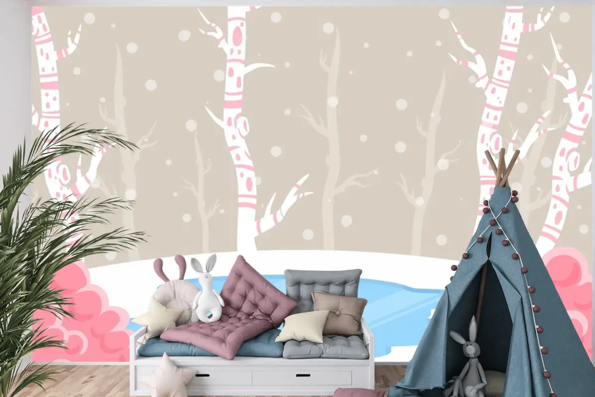 El Çizimi Çocuk Odası Duvar Kağıdı Duvarında Kış Konsepti