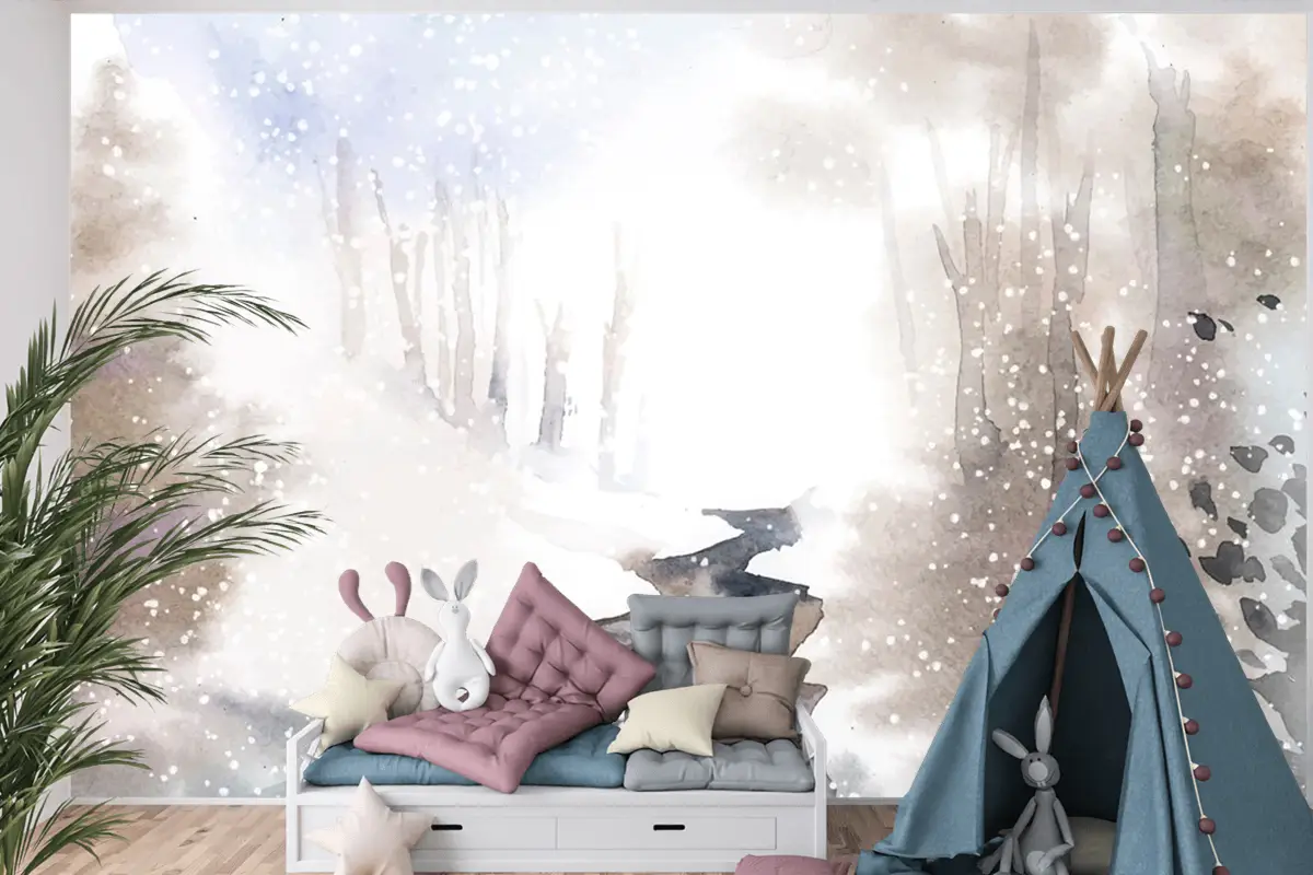 Kış Harikalar Diyarı Manzarası Suluboya Çocuk Odası Duvar Kağıdı  Ile Boyalı