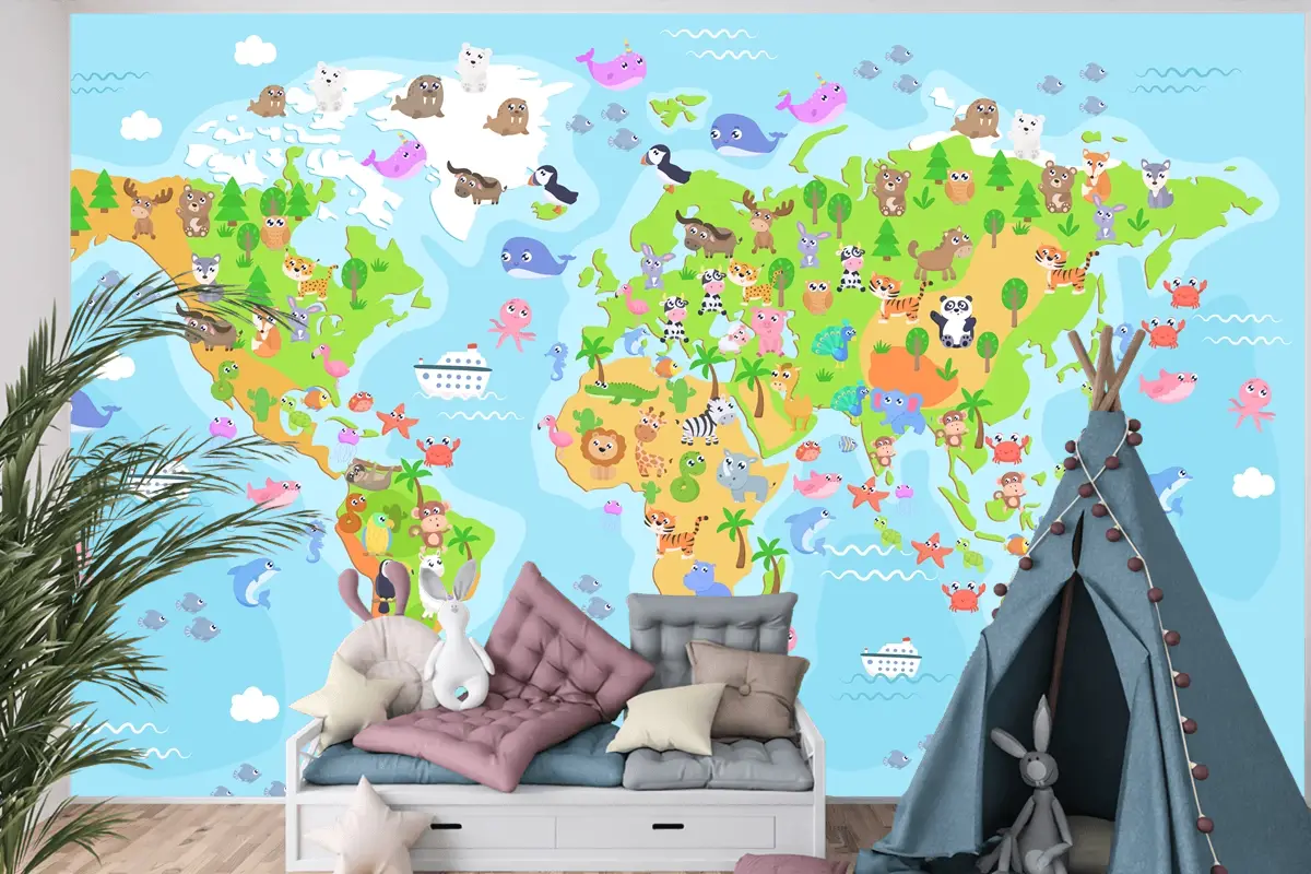 Çocuklar Için Hayvanlarla Dünya Haritası Çocuk Odası Duvar Kağıdı