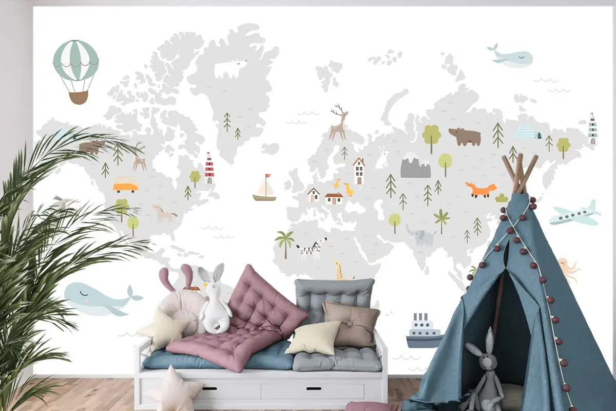 Hayvan Evleri Doğa Elemanları Çocuk Odası Duvar Kağıdı Ile Dünya Haritası