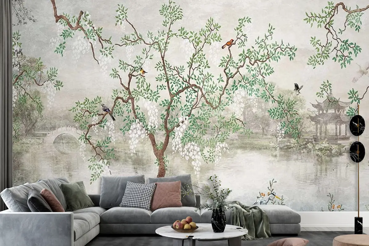 Yağlı Boya Tarz Ağaçlar ve Yapraklar Duvar Kağıdı