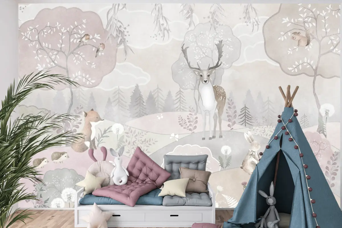 Yumuşak Renkler Vahşi Hayvanlar Çocuk Odası Duvar Kağıdı Yumuşak Renkler Vahşi Hayvanlar Çocuk Odası Duvar Kağıdı