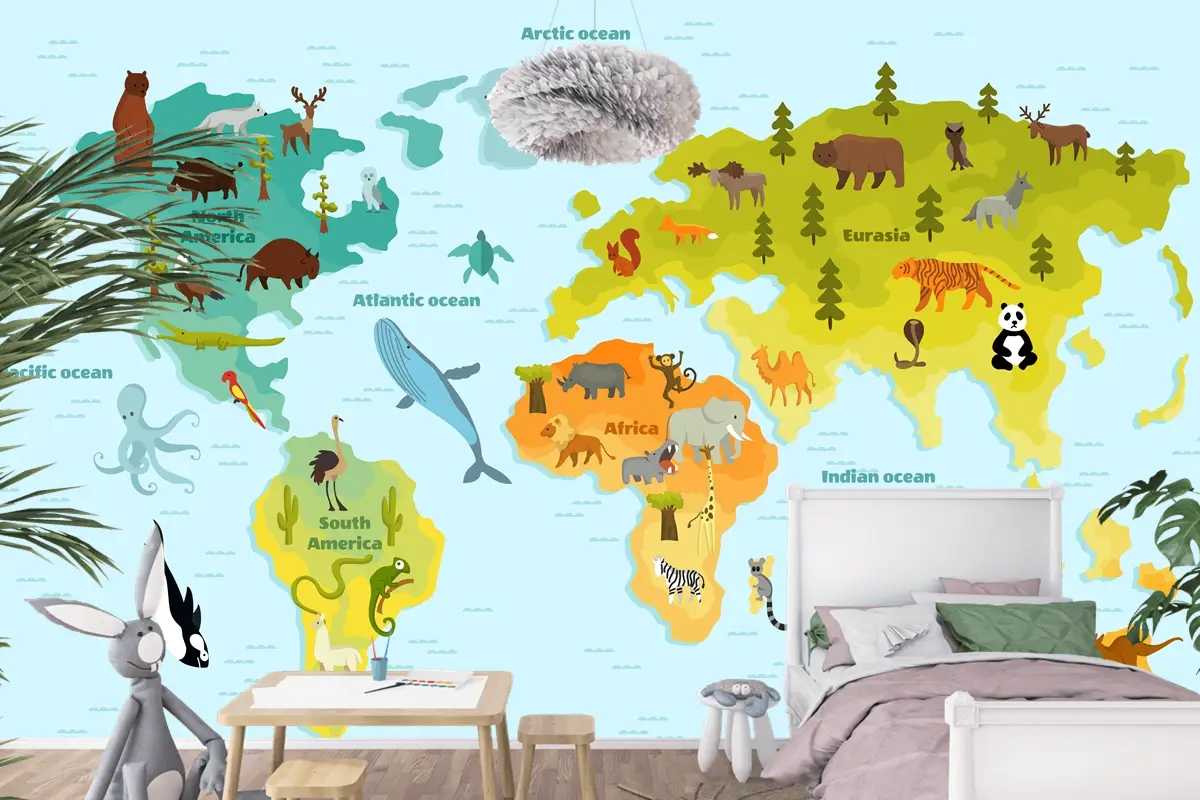 Kıtalar Çocuk Odası Duvar Kağıdı  Olan Çocuklar İçin Komik Karikatür Hayvan Dünya Haritası