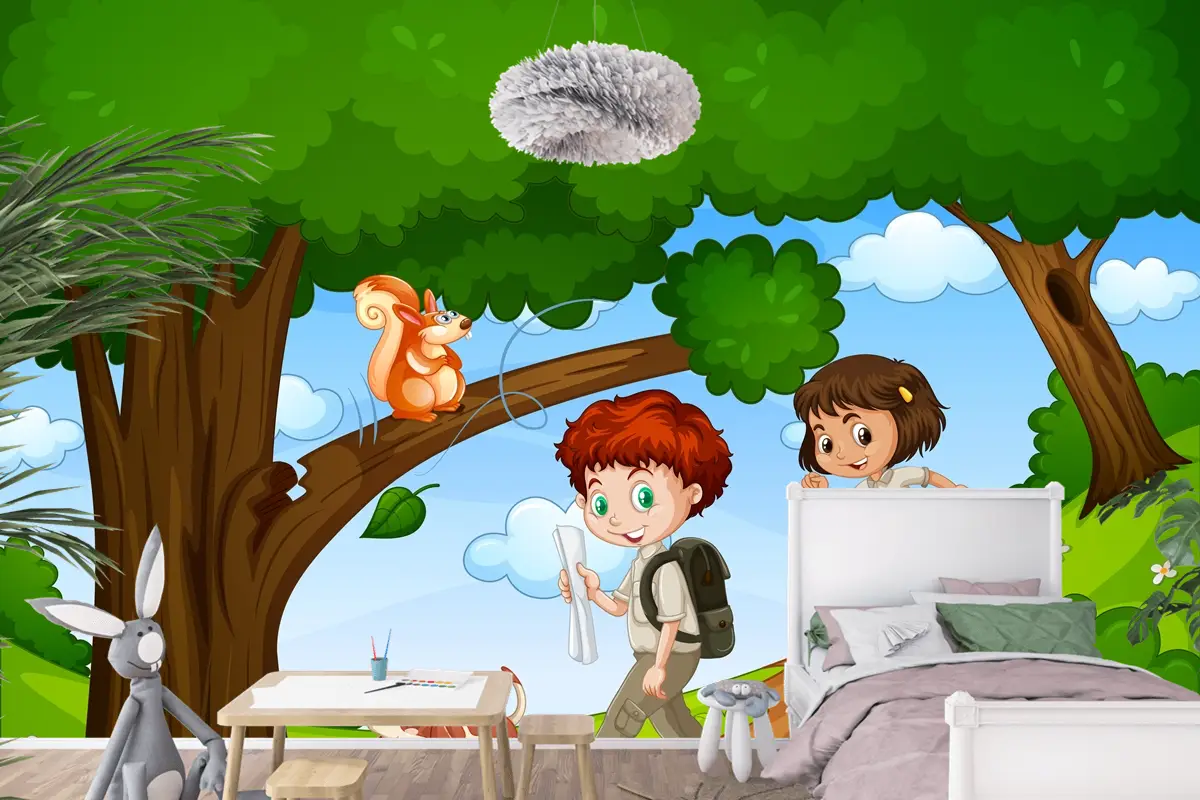Erkek Ve Kız Sevimli Hayvan Sahnesi Çocuk Odası Duvar Kağıdı Yle Parkta Keyfini Çıkarıyor