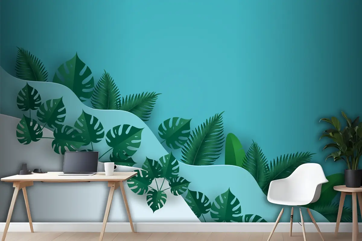 Çok Dalga Katmanlı Ofis Duvar Kağıdı Duvarında Yeşil Yapraklar Veya Yeşillik
