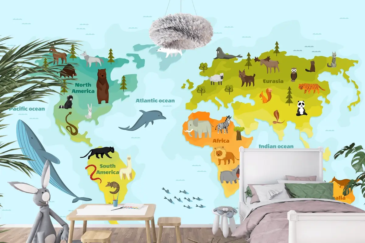 Farklı Hayvan Çocuk Odası Duvar Kağıdı  Ile Dünya Haritası