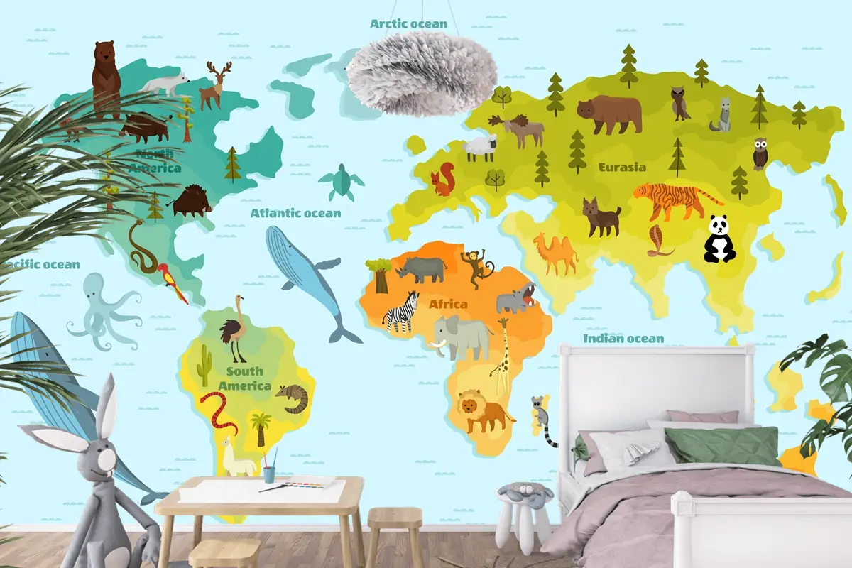 Farklı Hayvan Çocuk Odası Duvar Kağıdı  Ile Dünya Haritası