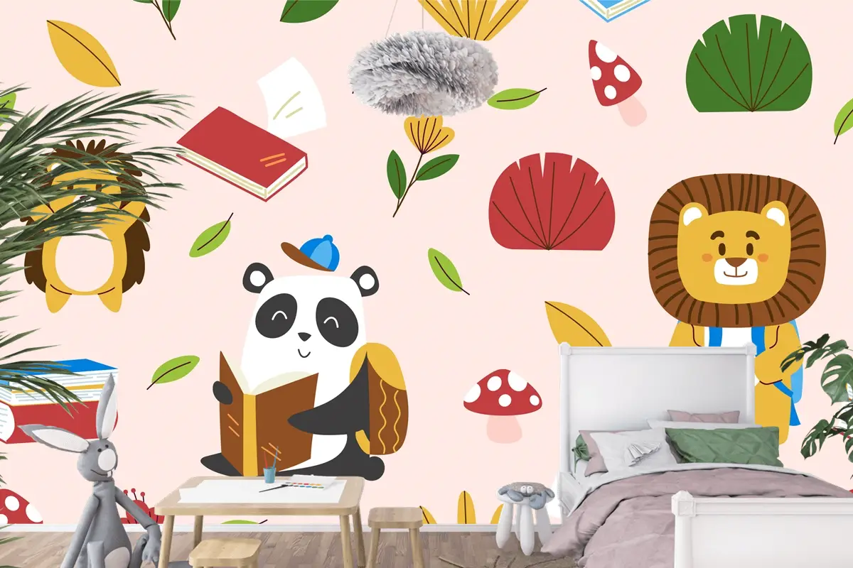 Elle Çizilmiş Çocuksu Hayvanlar Desen Çocuk Odası Duvar Kağıdı 