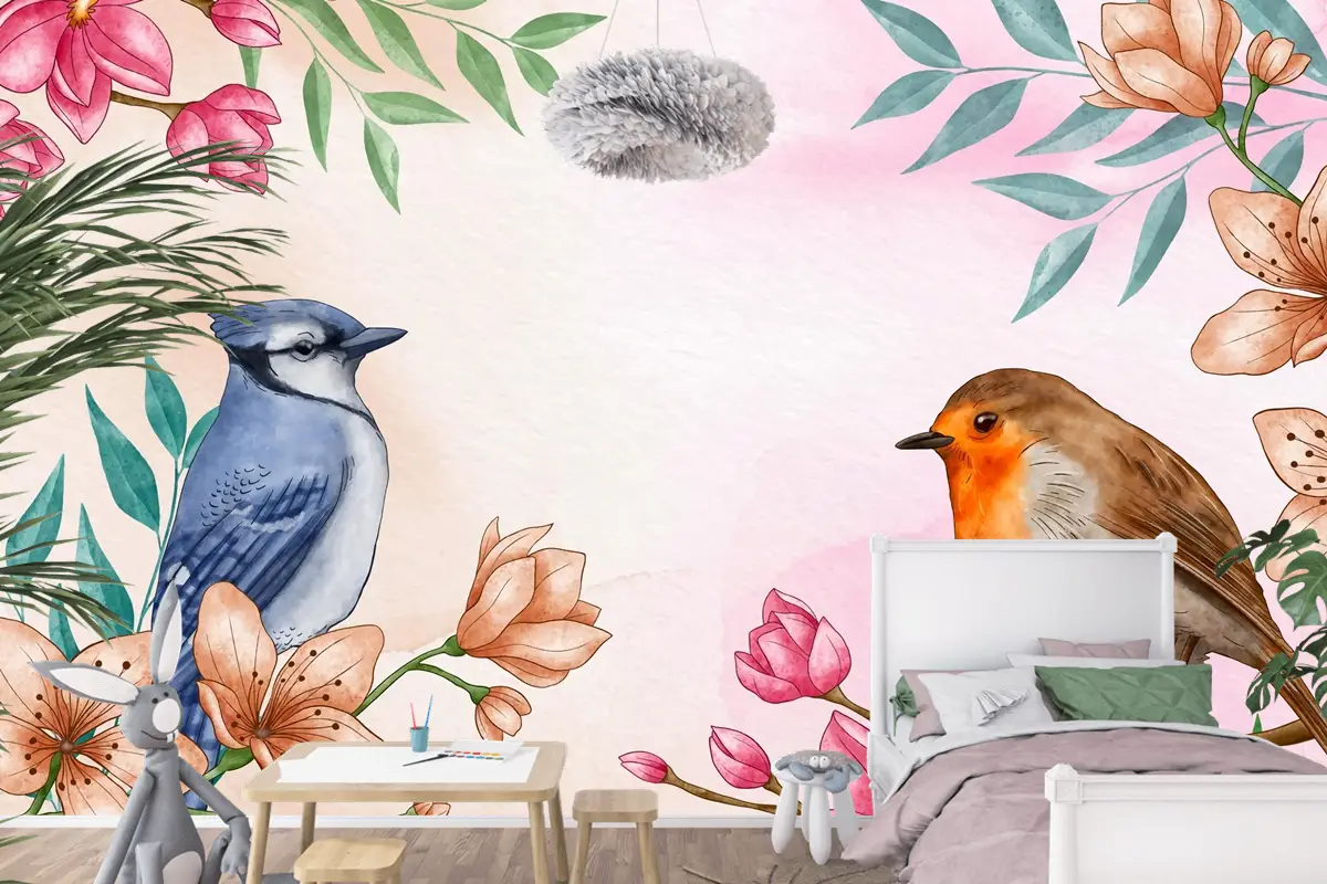 El Boyalı Suluboya Çiçek Kuşlar Arka Plan Çocuk Odası Duvar Kağıdı 