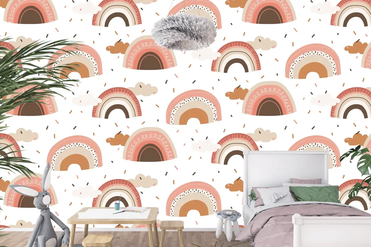 Elle Çizilmiş Gökkuşağı Desen Tasarımı Çocuk Odası Duvar Kağıdı