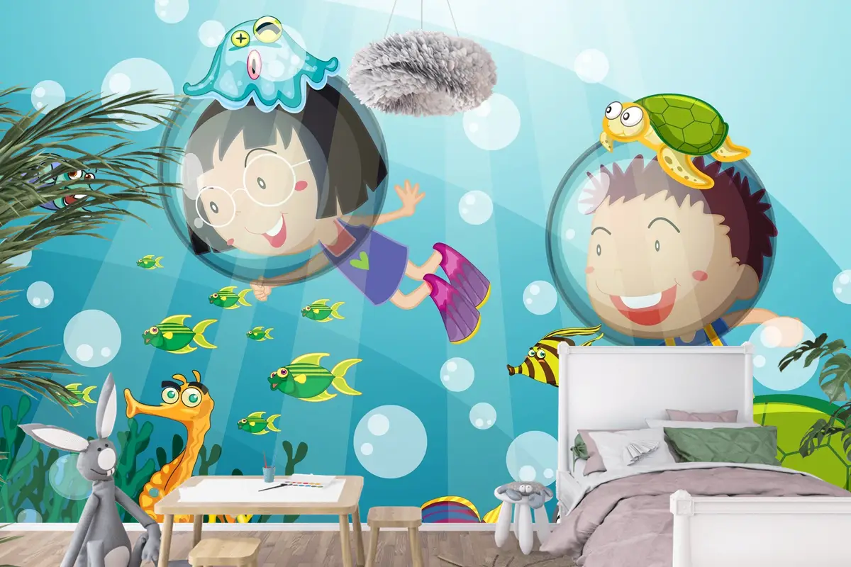 Mutlu Çocuklarla Sualtı Sahnesi Tüplü Dalış Çocuk Odası Duvar Kağıdı