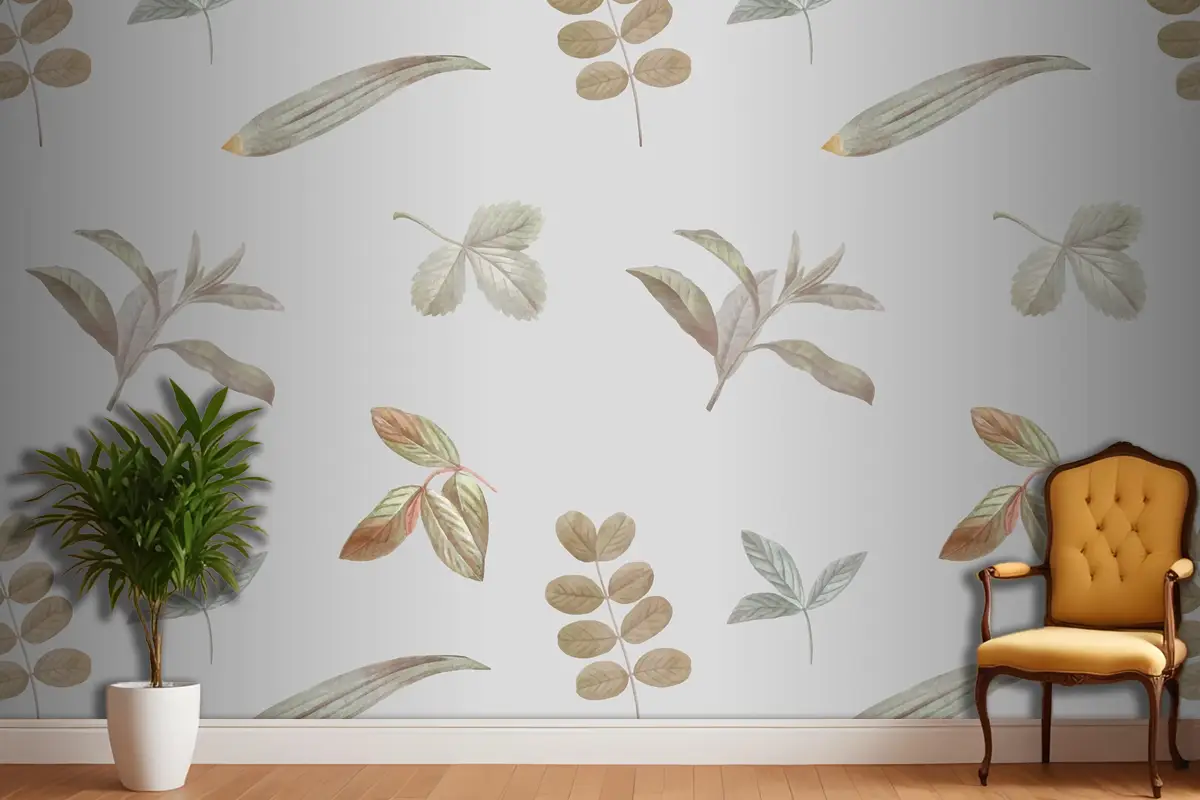 Yatak Odası Duvar Kağıdı Gri Arka Planda Yeşillik Dikişsiz Desen