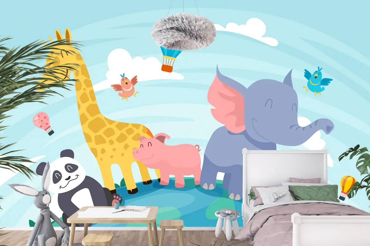 Düz Dünya Hayvan Günü Arka Plan Çocuk Odası Duvar Kağıdı 