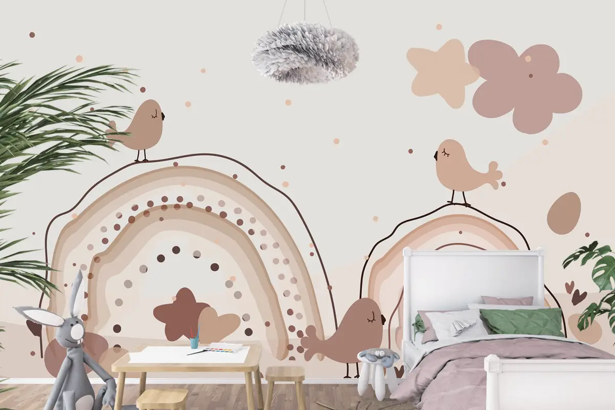 Suluboya Gökkuşağı Mutlu Paskalya Bej Çocuk Odası Duvar Kağıdı