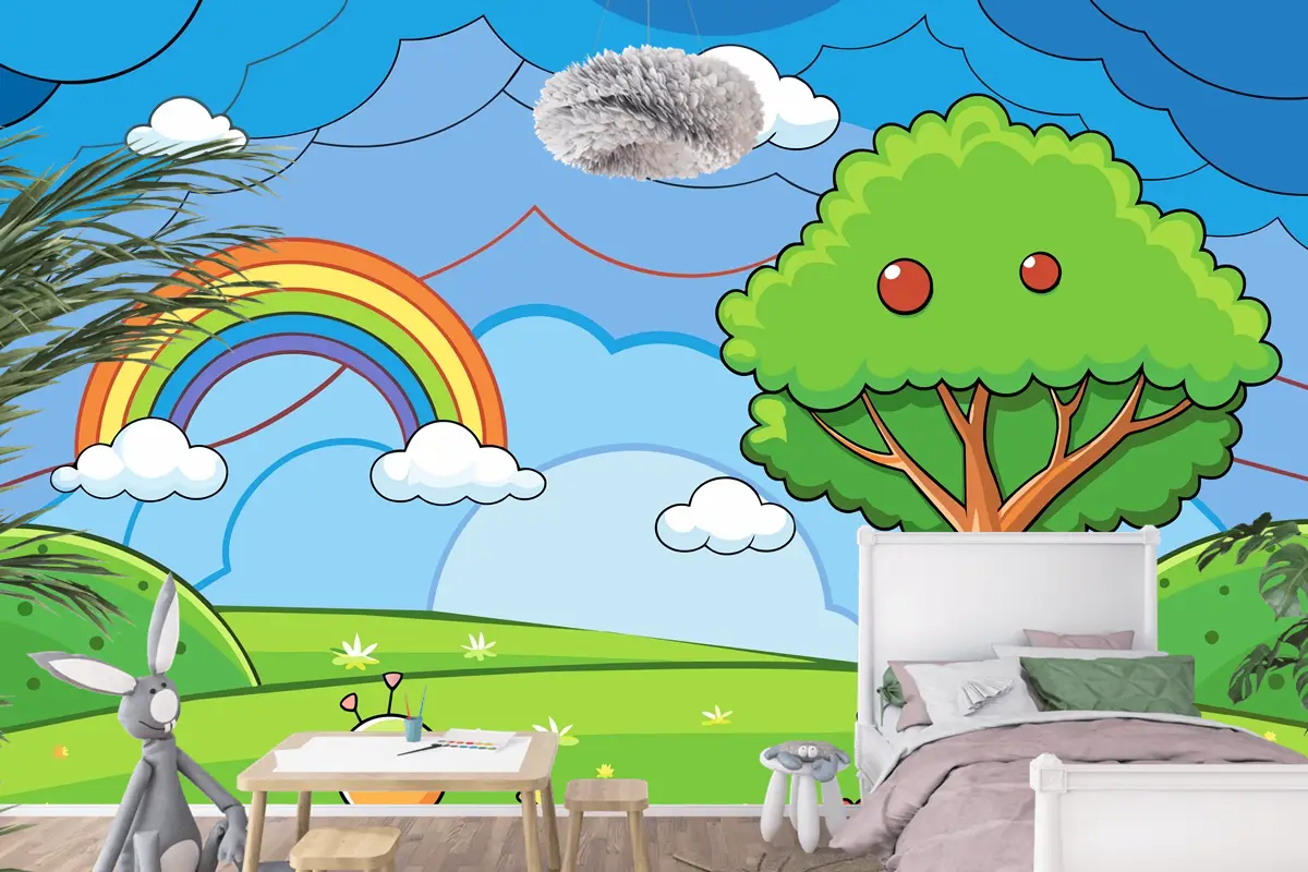 Çocuk Odası Duvar Kağıdı Nde Ağaç Ve Gökkuşağının Bulunduğu Renkli Bir Gökkuşağı Çizimi