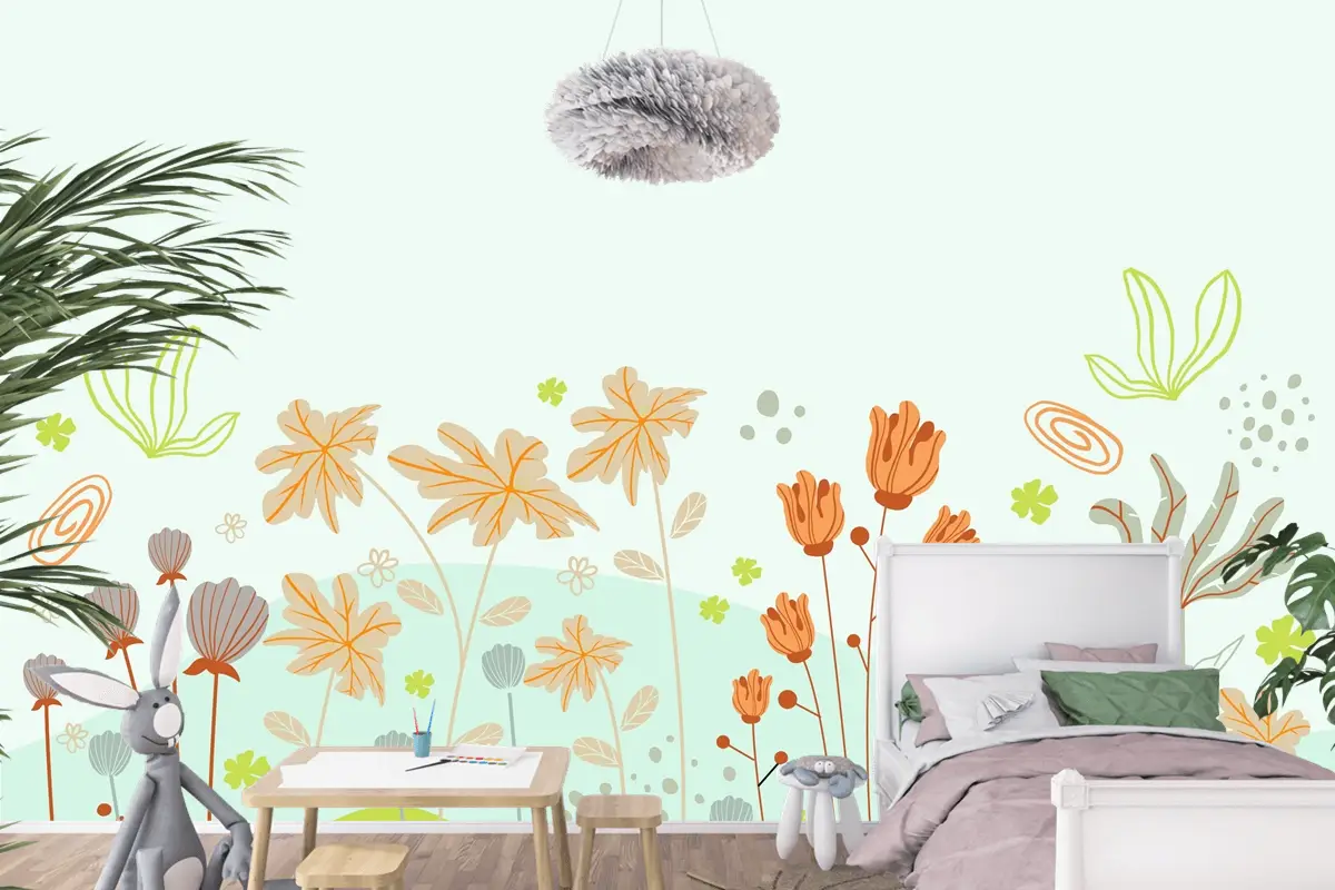 Güzel Ve Yaratıcı Çiçekli Çocuk Odası Duvar Kağıdı 