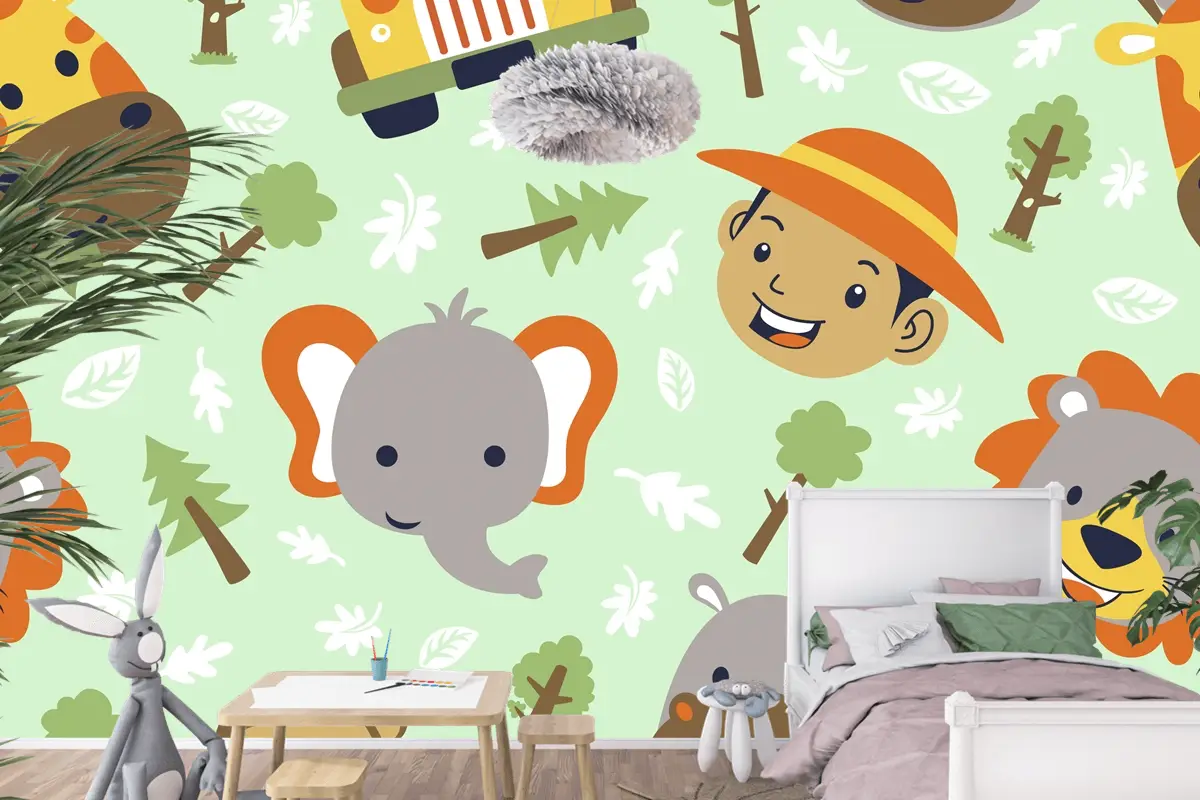 Komik Safari Hayvanları Kafa Karikatürü Ve Kusursuz Desenli Küçük Çocuk Kafası Çocuk Odası Duvar Kağıdı