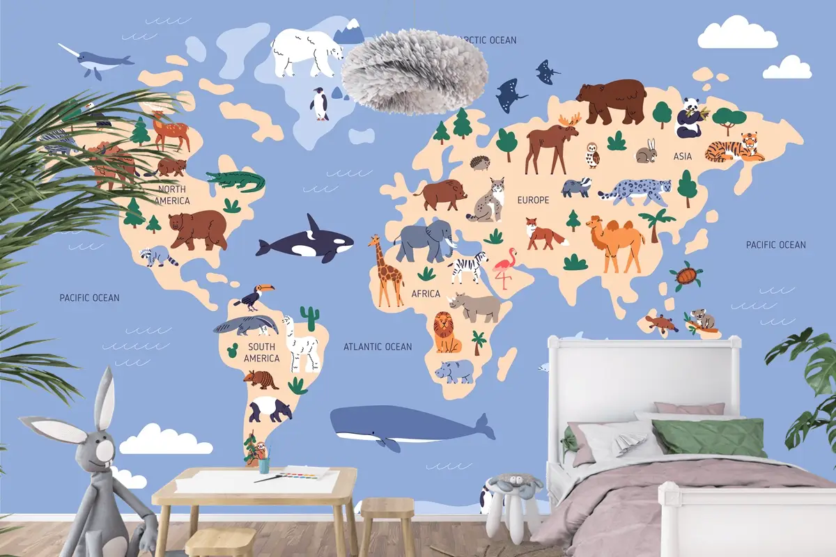Suda Ve Yeryüzünde Hayvanların Bulunduğu Dünya Haritası Coğrafya Çocuk Odası Duvar Kağıdı