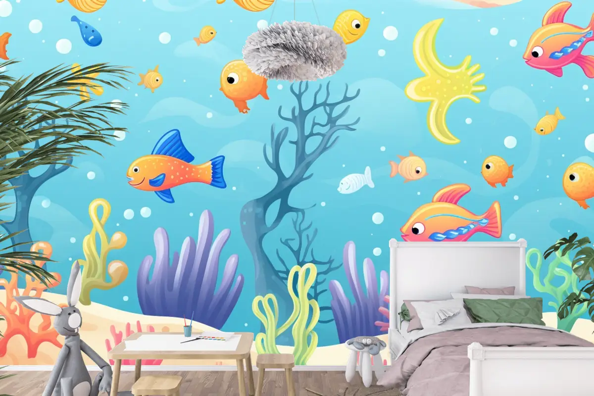 Palyaço Balığı Ve Mercanla Bir Mercan Resifinin Tablosu Çocuk Odası Duvar Kağıdı