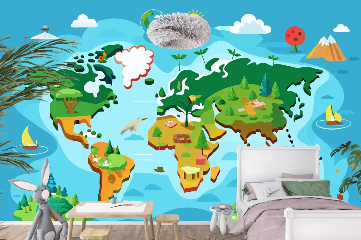 Farklı Ağaç Türleriyle Dünya Haritası İnteraktif Dünya Haritası Çocuk Odası Duvar Kağıdı