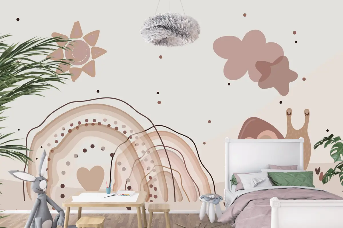 Suluboya Gökkuşağı Ve Salyangoz Bej Çocuk Odası Duvar Kağıdı