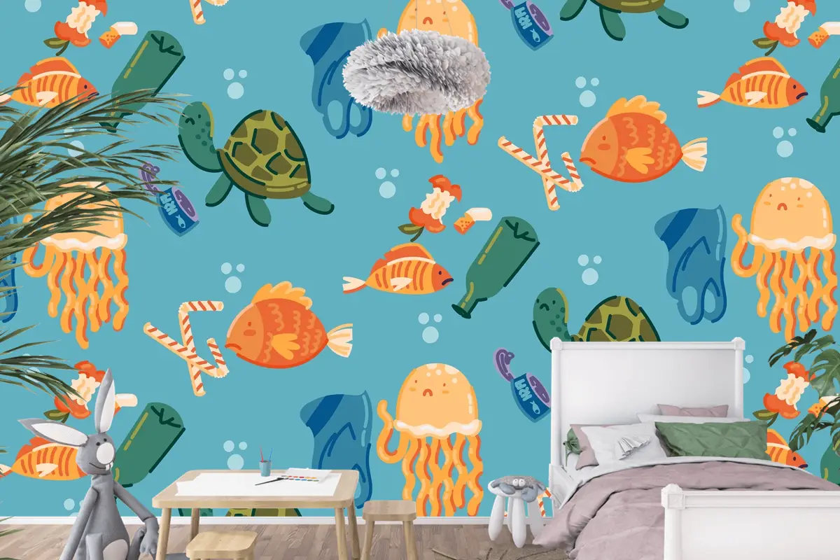 Elle Çizilmiş Okyanusları Kurtar Desen Çocuk Odası Duvar Kağıdı 