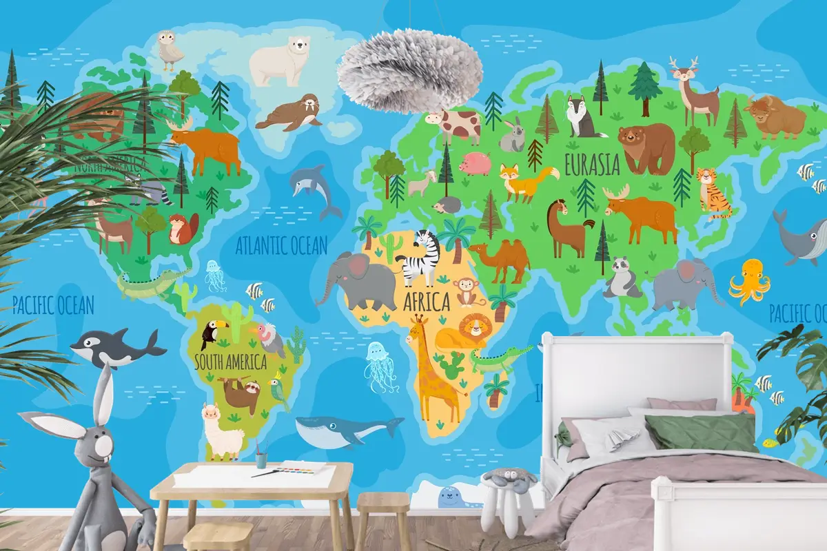 Orman Hayvanları Çocuk Odası Duvar Kağıdı Ile Çocuk Odası İçin Karikatür Dünya Haritası