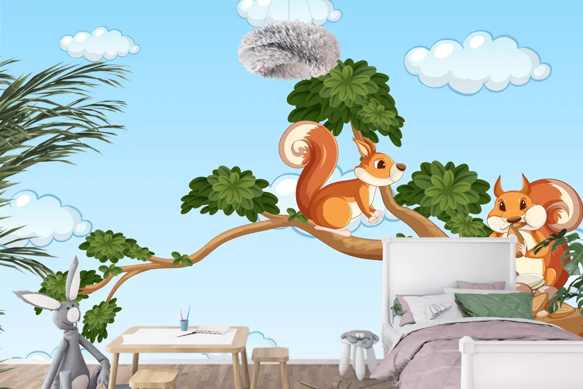 Daldaki İki Sincap Çocuk Odası Duvar Kağıdı
