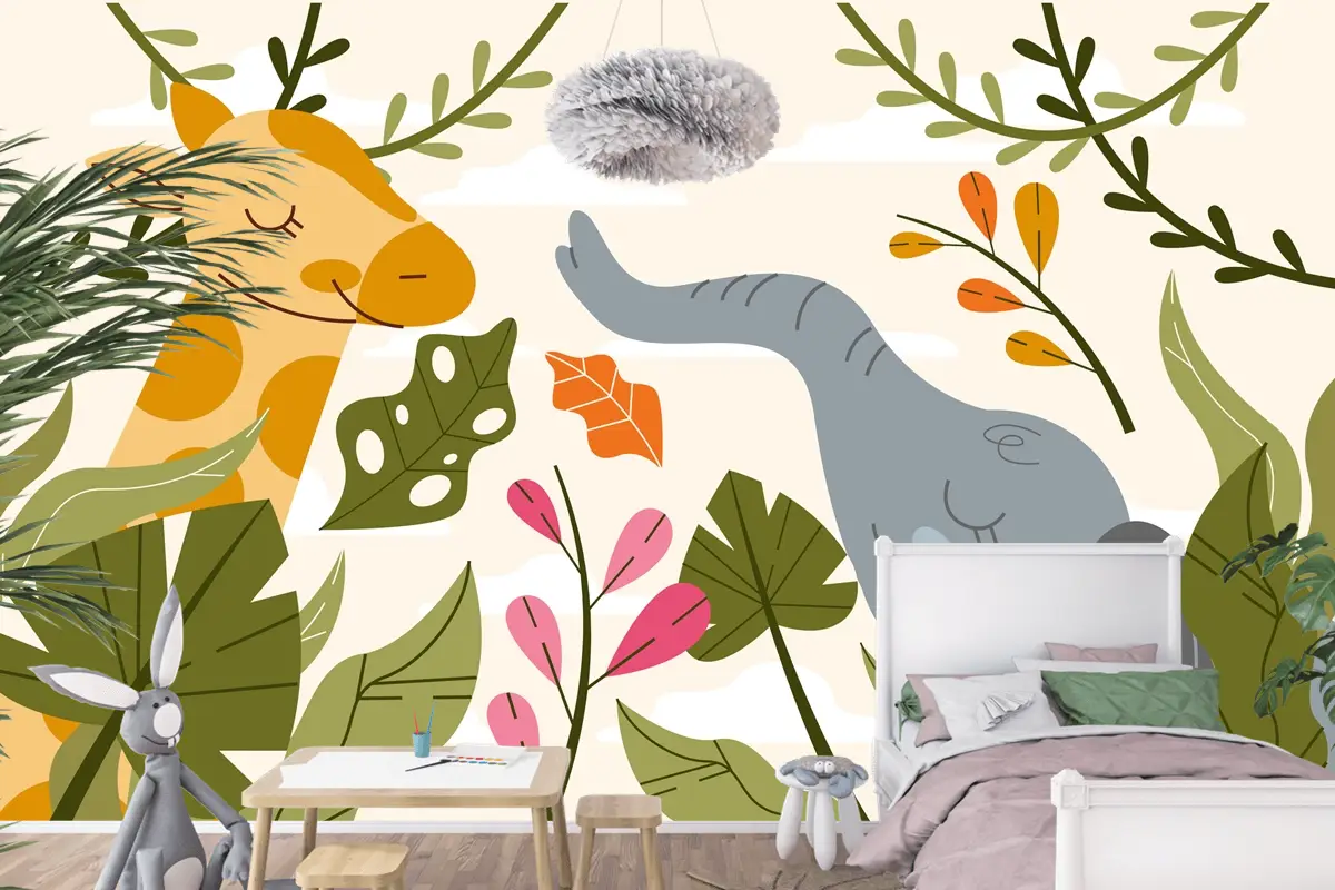 Elle Çizilmiş Yaban Hayatı Arka Plan Çocuk Odası Duvar Kağıdı 