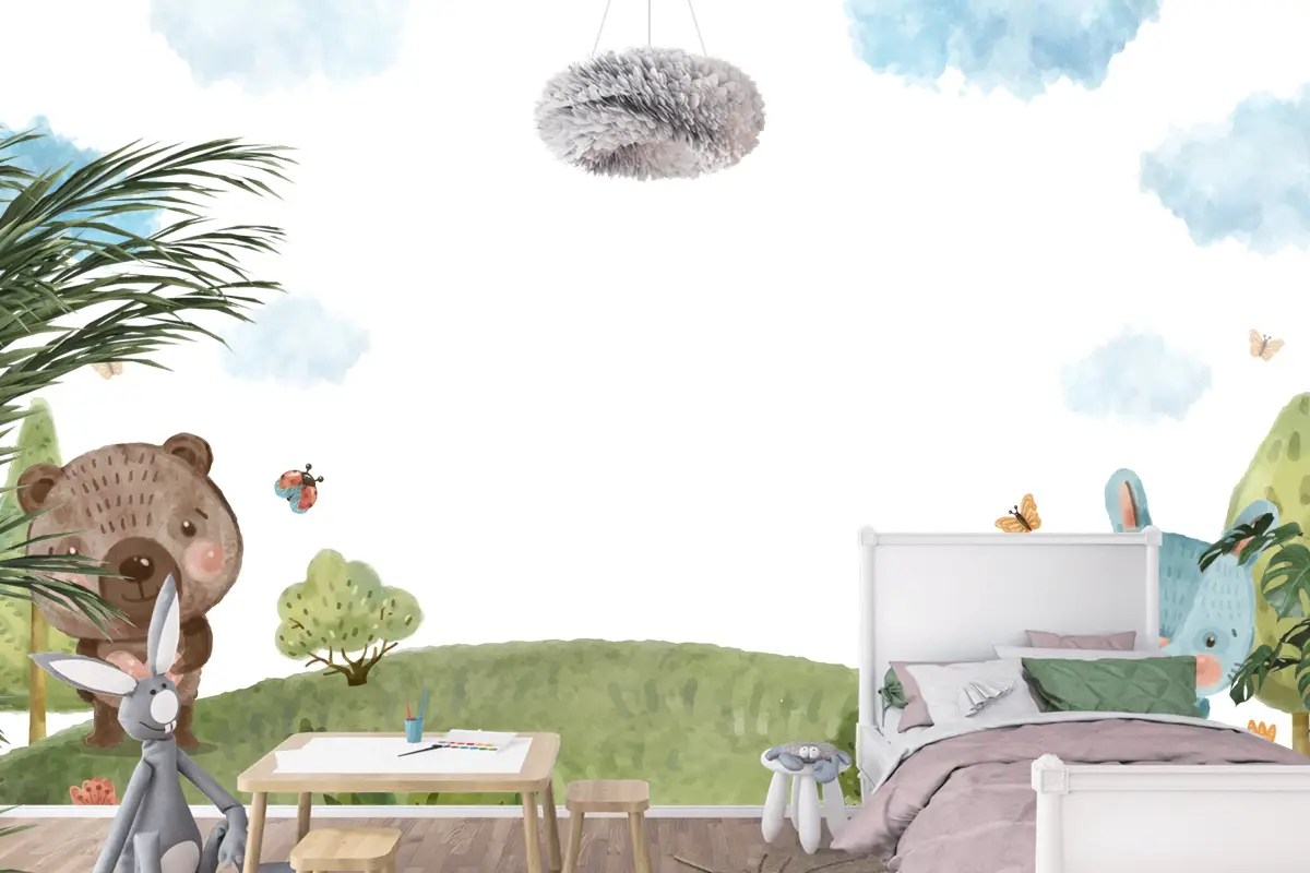 Suluboya Yaban Hayatı Arka Plan Çocuk Odası Duvar Kağıdı 