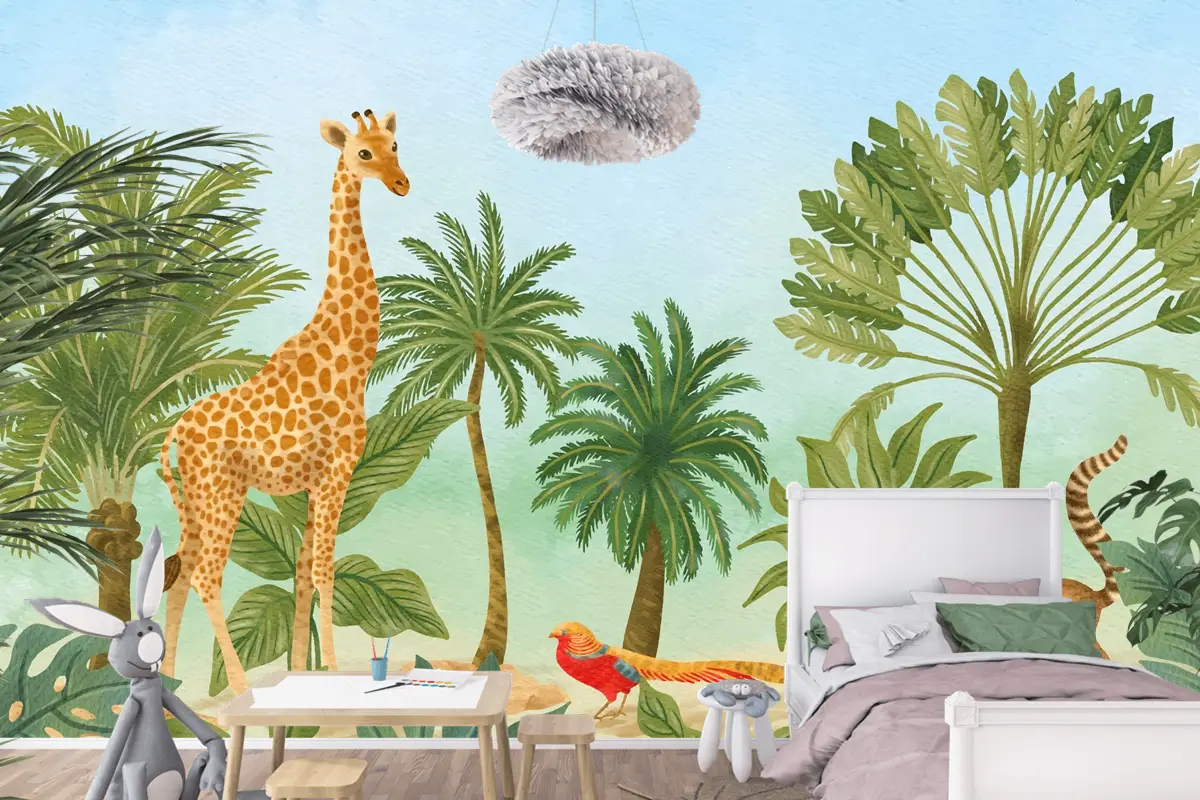 Suluboya Yaban Hayatı Arka Plan Çocuk Odası Duvar Kağıdı 