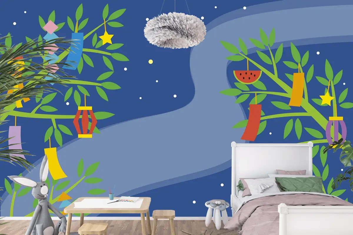 Dallarda Süslemeli Düz Tanabata Arkaplan Çocuk Odası Duvar Kağıdı