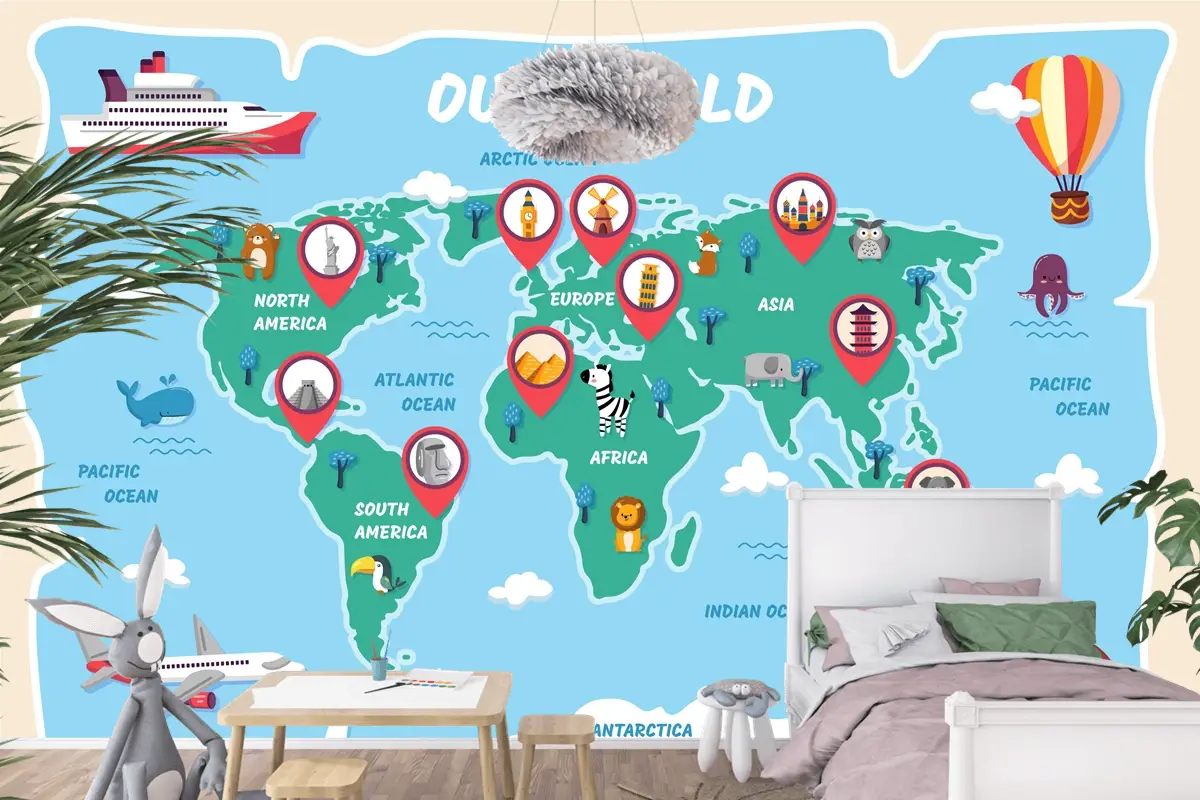 Elle Çizilmiş Çocuk Haritası Çocuk Odası Duvar Kağıdı