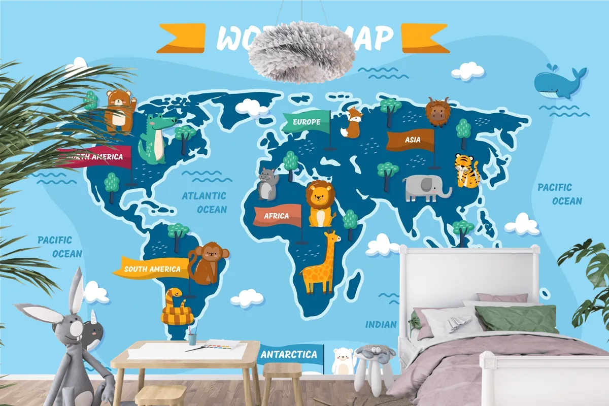 Elle Çizilmiş Çocuk Haritası Çocuk Odası Duvar Kağıdı