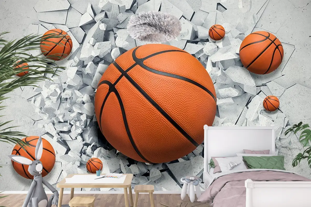3 Boyutlu Çatlak Duvar Içinde Basketbol Topu Çocuk Odası Duvar Kağıdı