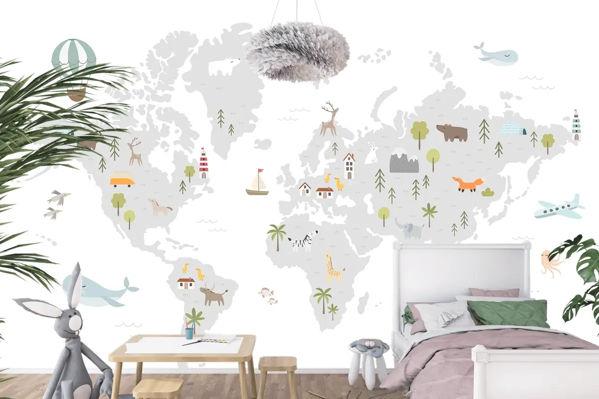Hayvan Evleri Doğa Elemanları Çocuk Odası Duvar Kağıdı Ile Dünya Haritası