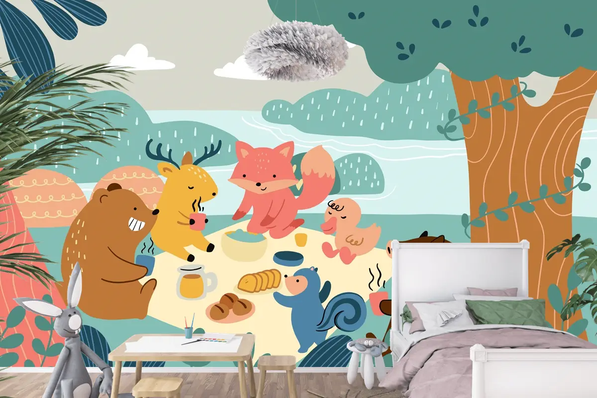 Düz Dünya Hayvan Günü Çocuk Odası Duvar Kağıdı 