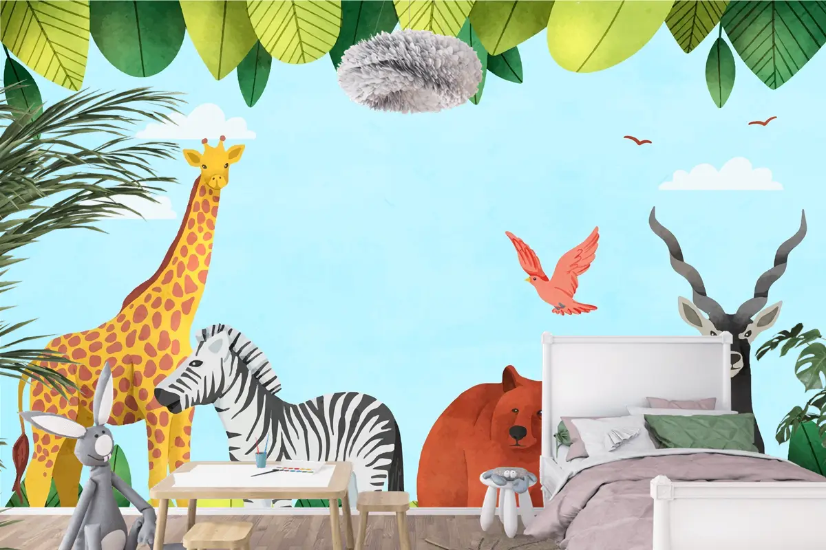 Suluboya Dünya Hayvan Günü Arka Plan Çocuk Odası Duvar Kağıdı 