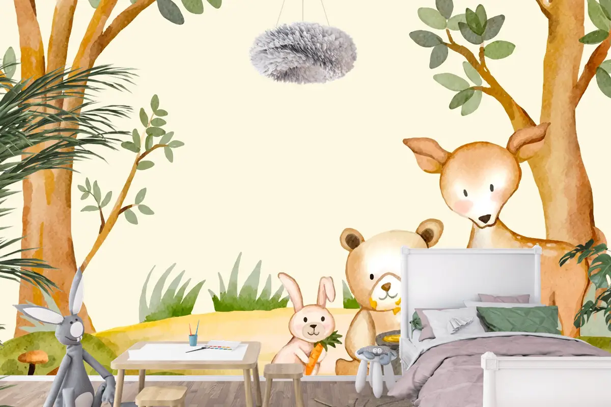 Suluboya Orman Hayvanları Arka Plan Çocuk Odası Duvar Kağıdı 