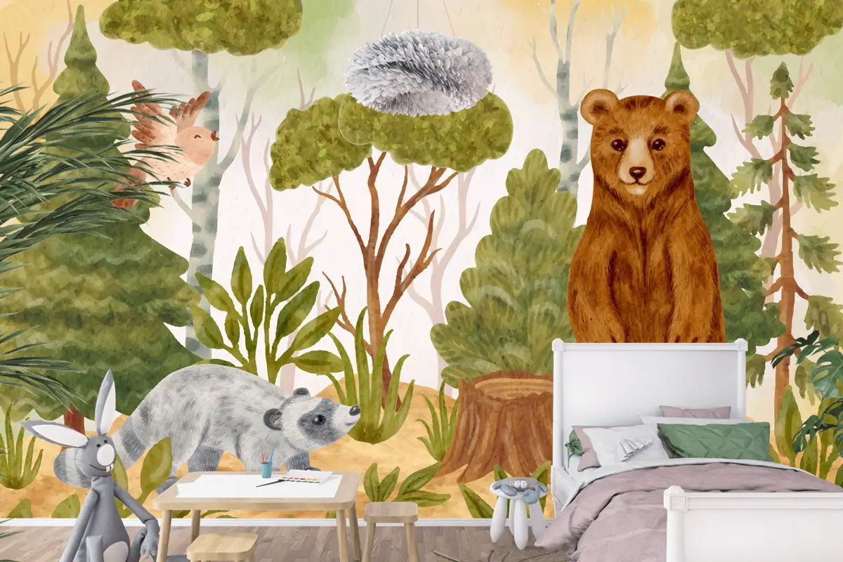 Suluboya Orman Hayvanları Arka Plan Çocuk Odası Duvar Kağıdı 