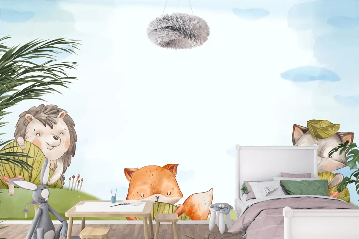 Suluboya Orman Hayvanları Arka Plan Çocuk Odası Duvar Kağıdı 