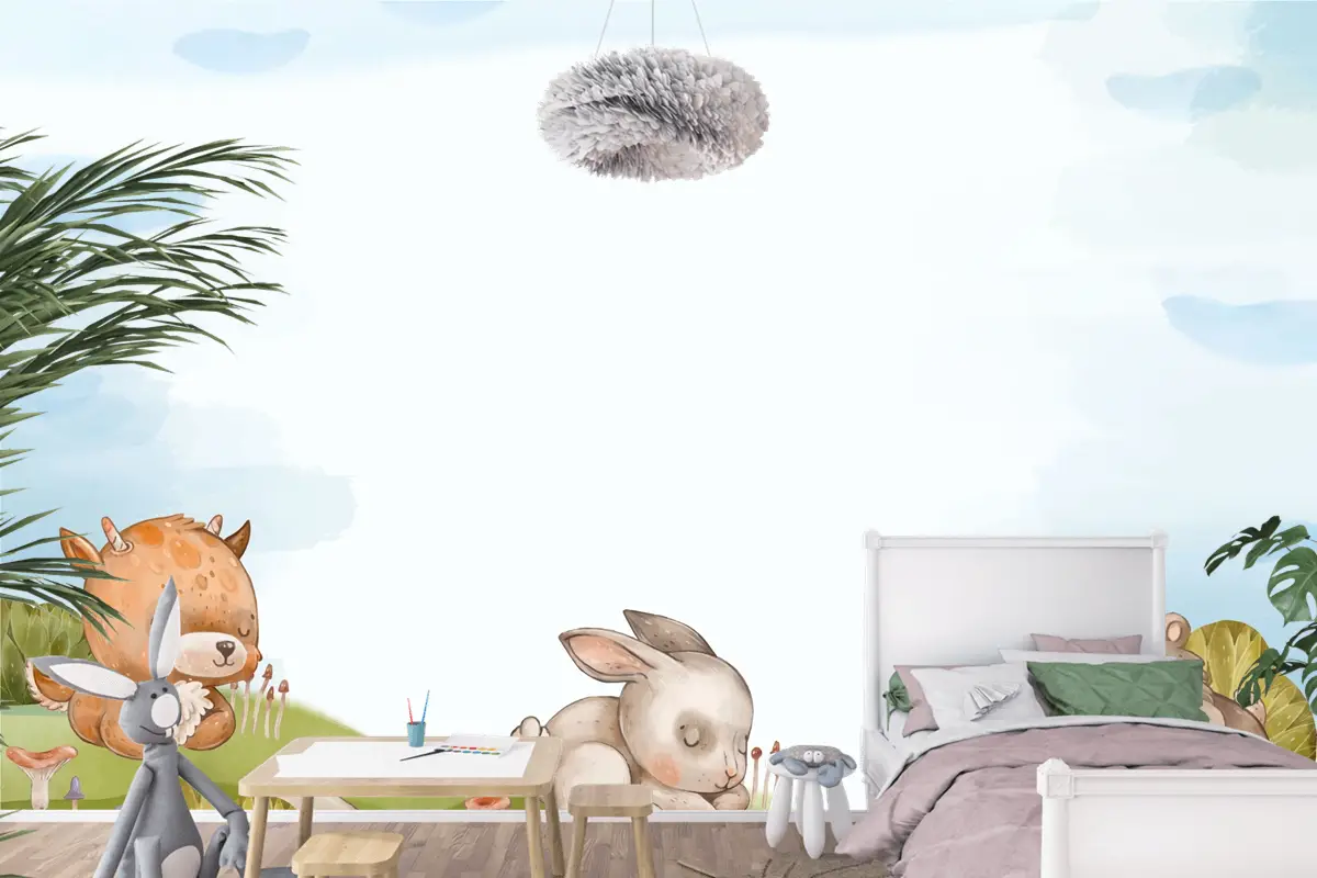 Suluboya Orman Hayvanları Arka Plan Çocuk Odası Duvar Kağıdı 