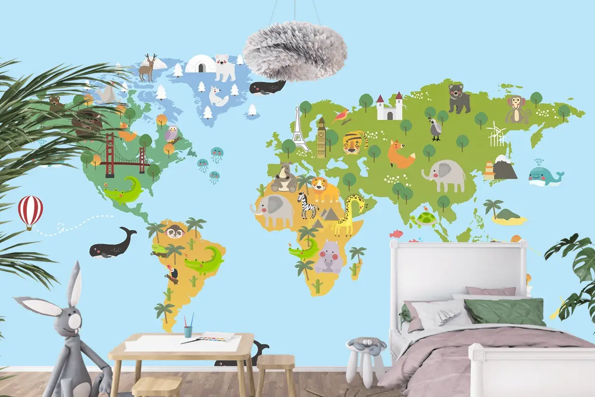 Hayvan Dünya Haritası Çocuk Odası Duvar Kağıdı