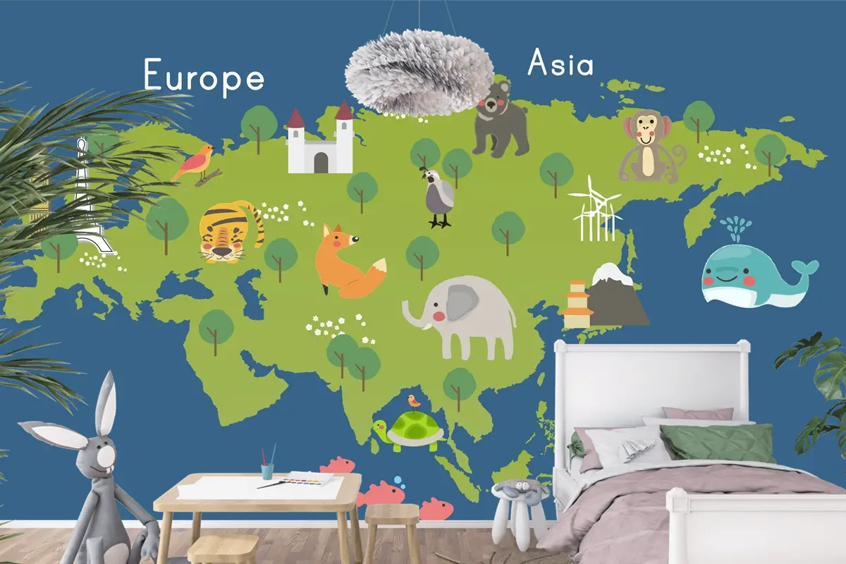 Yaban Hayatı Habitatlarının Çizim Stili Seti Çocuk Odası Duvar Kağıdı