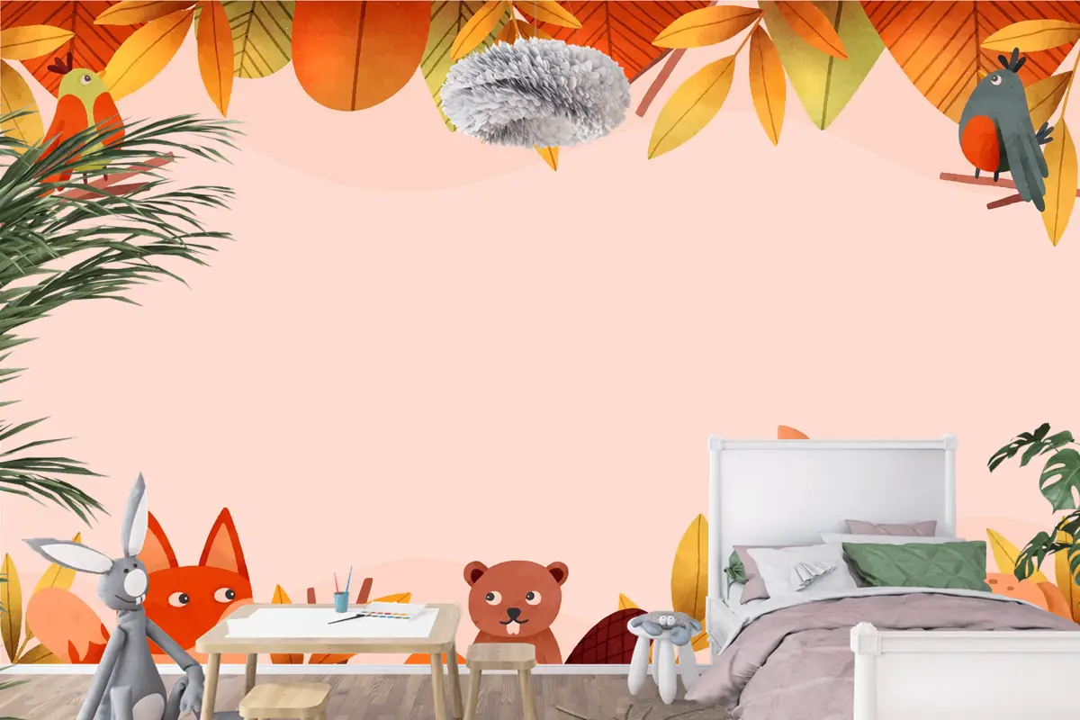 Suluboya Orman Hayvanı Ve Yaprakları Çocuk Odası Duvar Kağıdı 