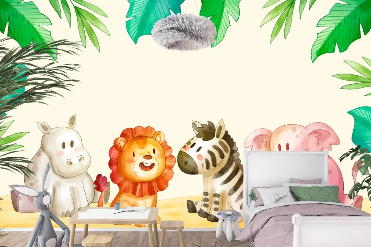 Suluboya Safari Arka Plan Çocuk Odası Duvar Kağıdı 