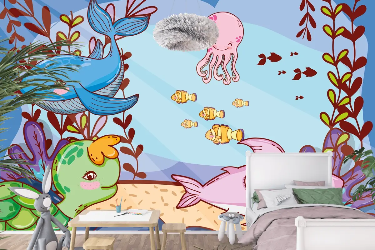 Deniz Yosunu Bitkileri Ile Sevimli Deniz Hayvanları Çocuk Odası Duvar Kağıdı