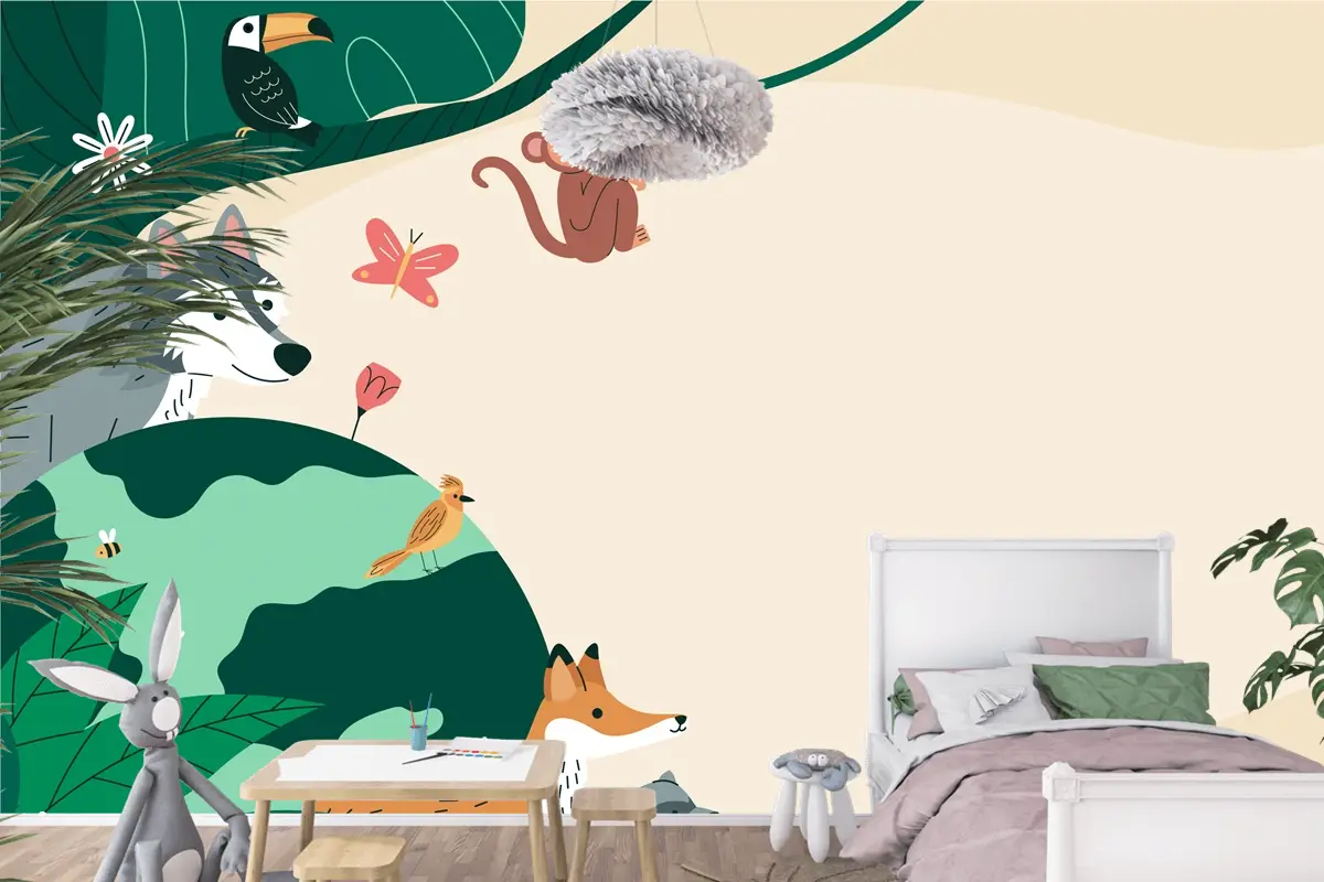 Flora Ve Fauna Çocuk Odası Duvar Kağıdı  Ile Dünya Yaban Hayatı Günü İçin Düz Arka Plan