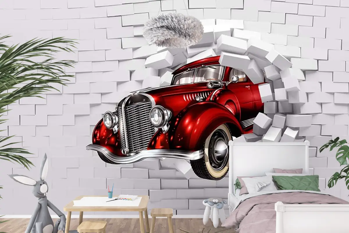 3D Boyutlu Duvardan Çıkan Kırmızı Araba Çocuk Odası Duvar Kağıdı