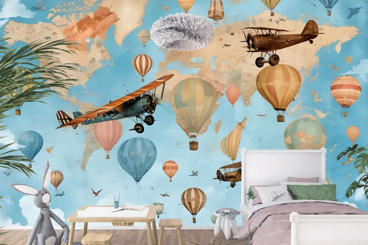 Sıcak Hava Balonu Çocuk Odası Duvar Kağıdı  Ile 3D Görünümlü Çocuk Dünya Haritası
